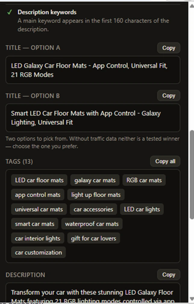Two title options and a complete set of thirteen Etsy tags generated by the extension, each with a copy button.