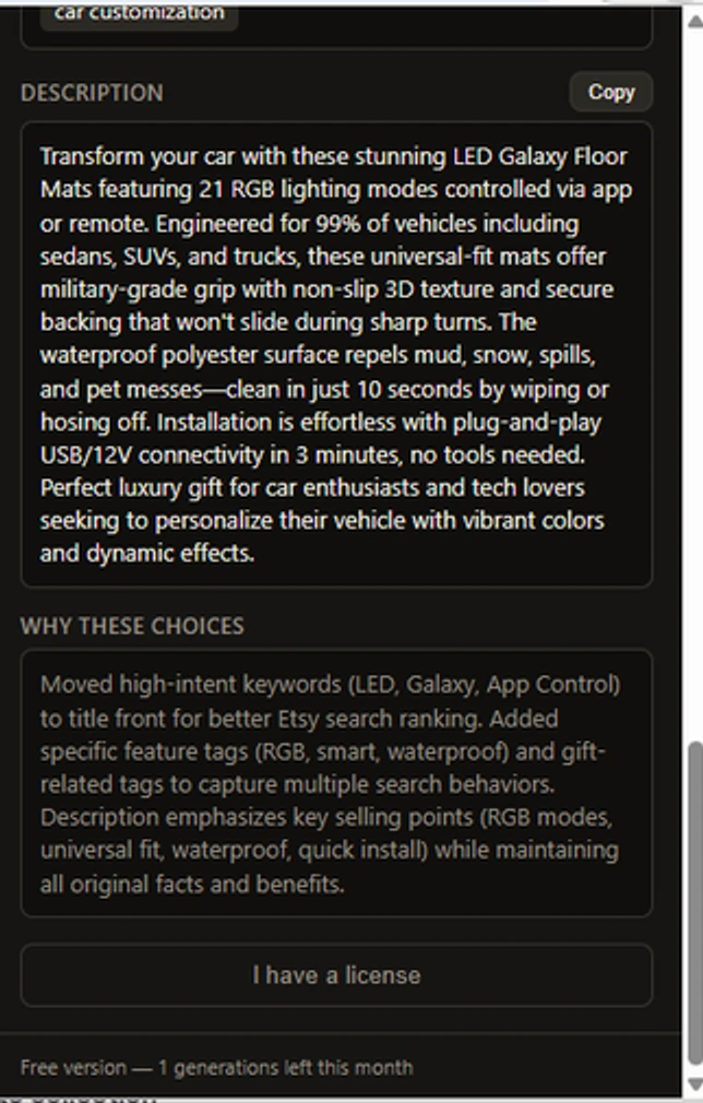 The generated description alongside a Why these choices section explaining the keyword decisions.